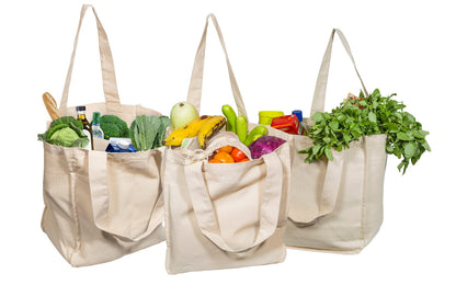 Canvas grocery tote bags set, beige with rope handles and produce-filled openings