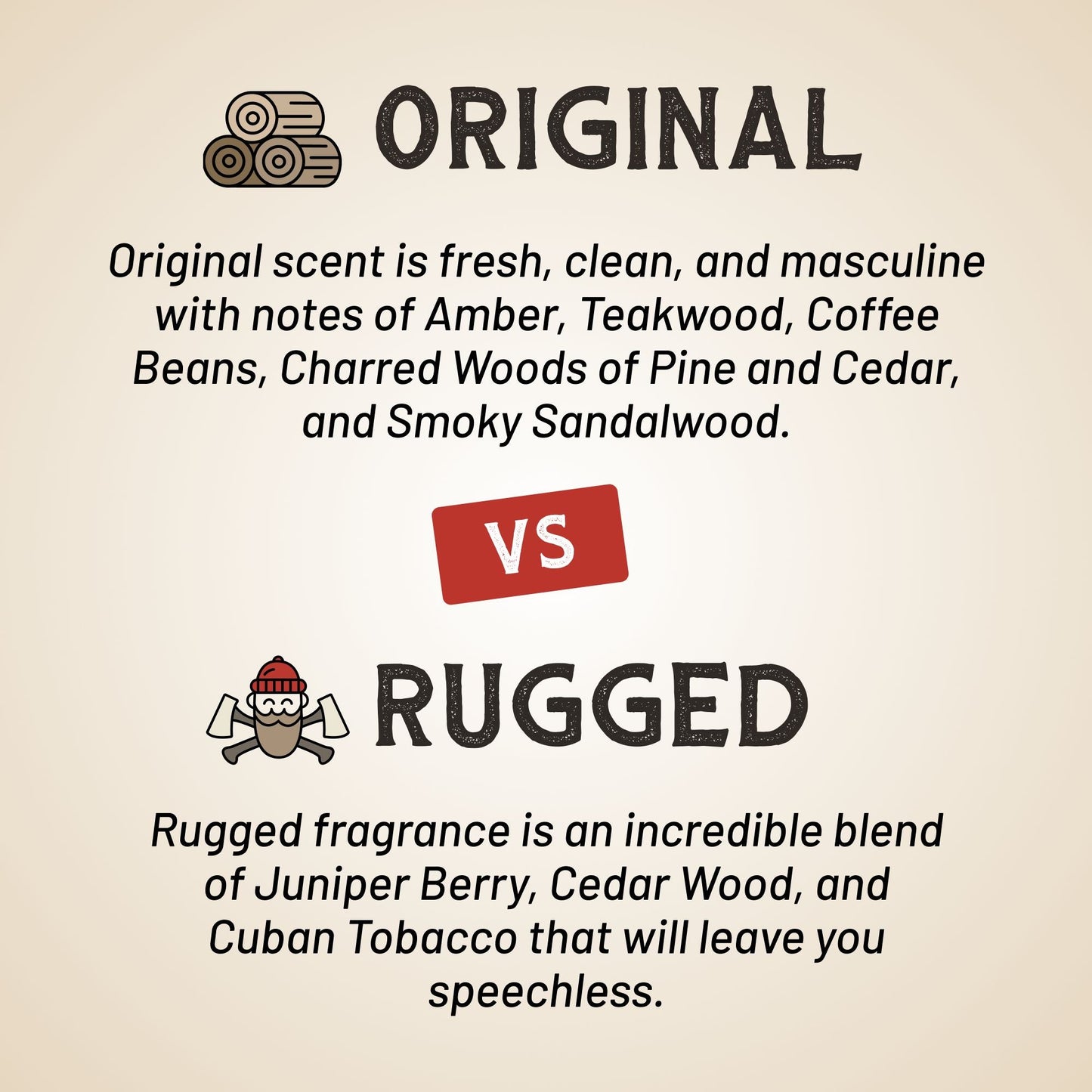 Pomade scent comparison card showing Original vs Rugged fragrance notes