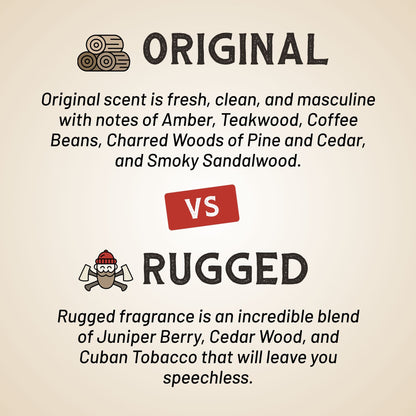 Pomade scent comparison card showing Original vs Rugged fragrance notes