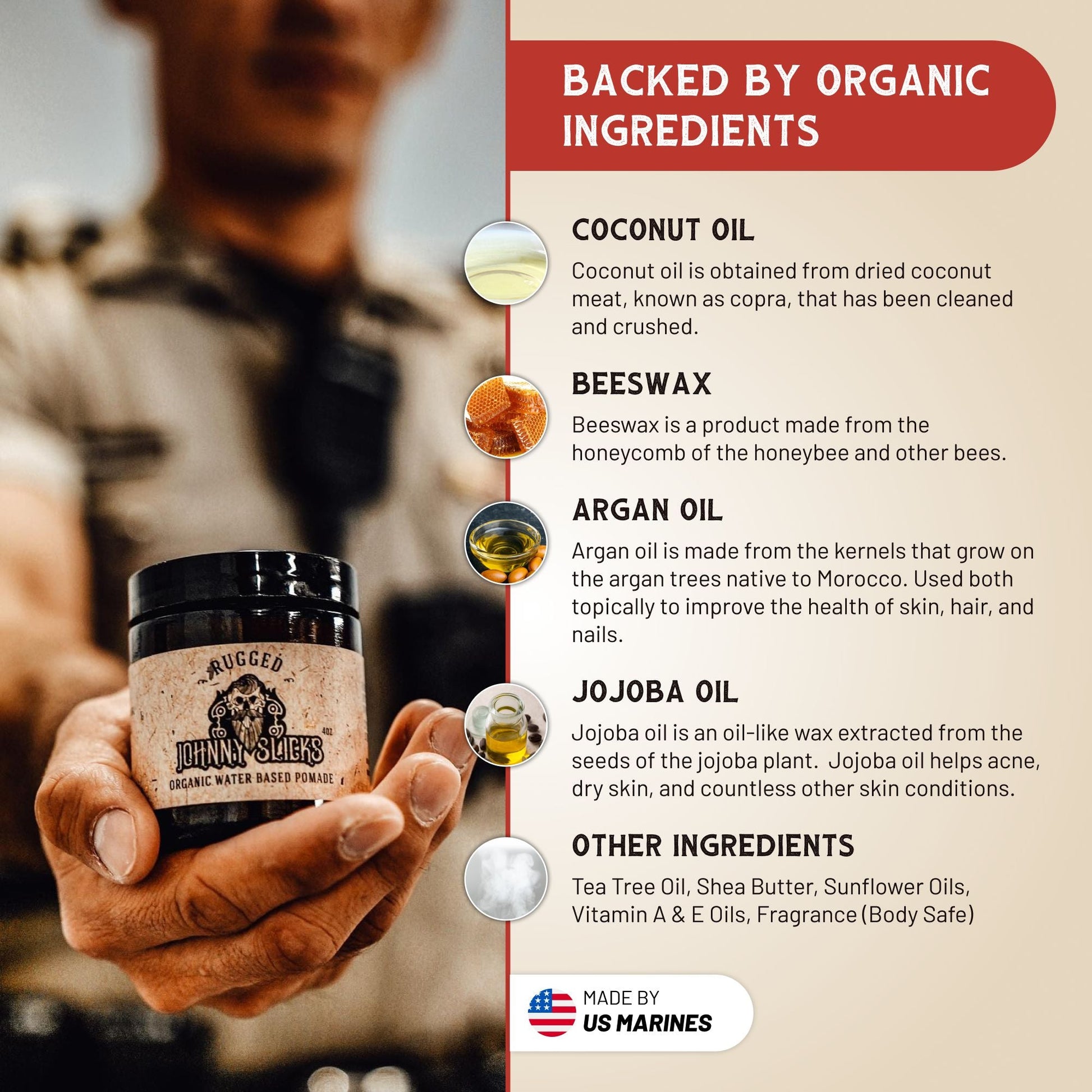 Organic water-based pomade jar with Organic ingredients icons for coconut oil and beeswax