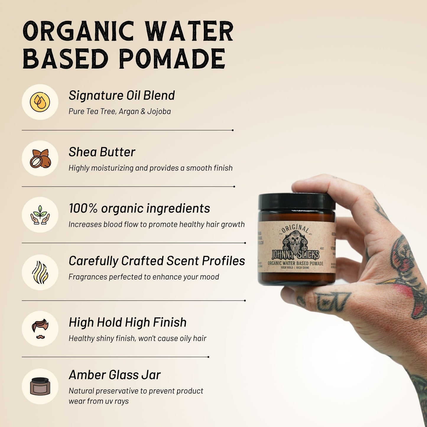 Organic water-based pomade jar beside benefit icons for oil blend and shea butter