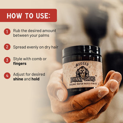 Organic water-based pomade jar with how-to steps for applying and styling