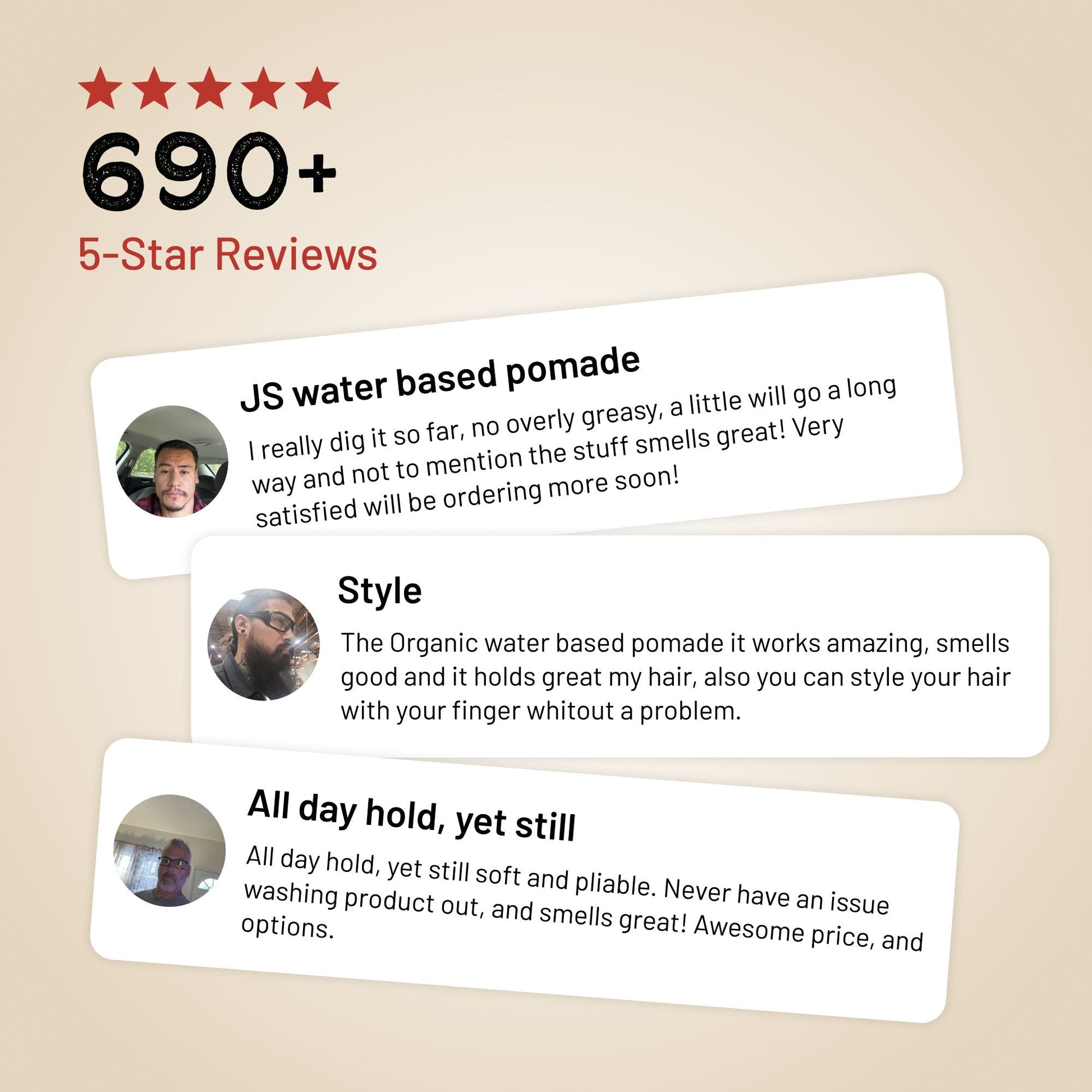 Pomade customer review card with 690+ 5-star reviews and short testimonials
