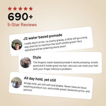 Pomade customer review card with 690+ 5-star reviews and short testimonials