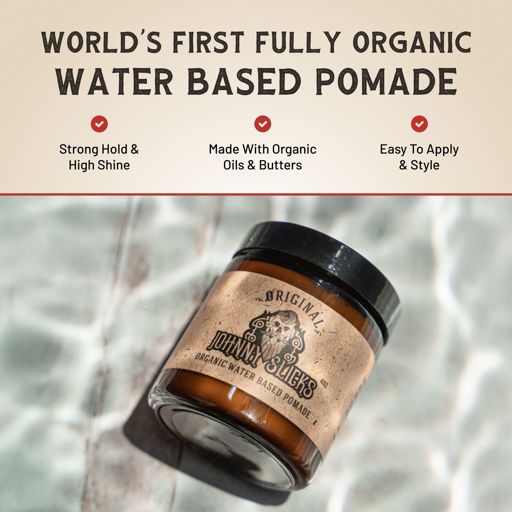 Organic water-based pomade jar with labels for strong hold and easy to apply