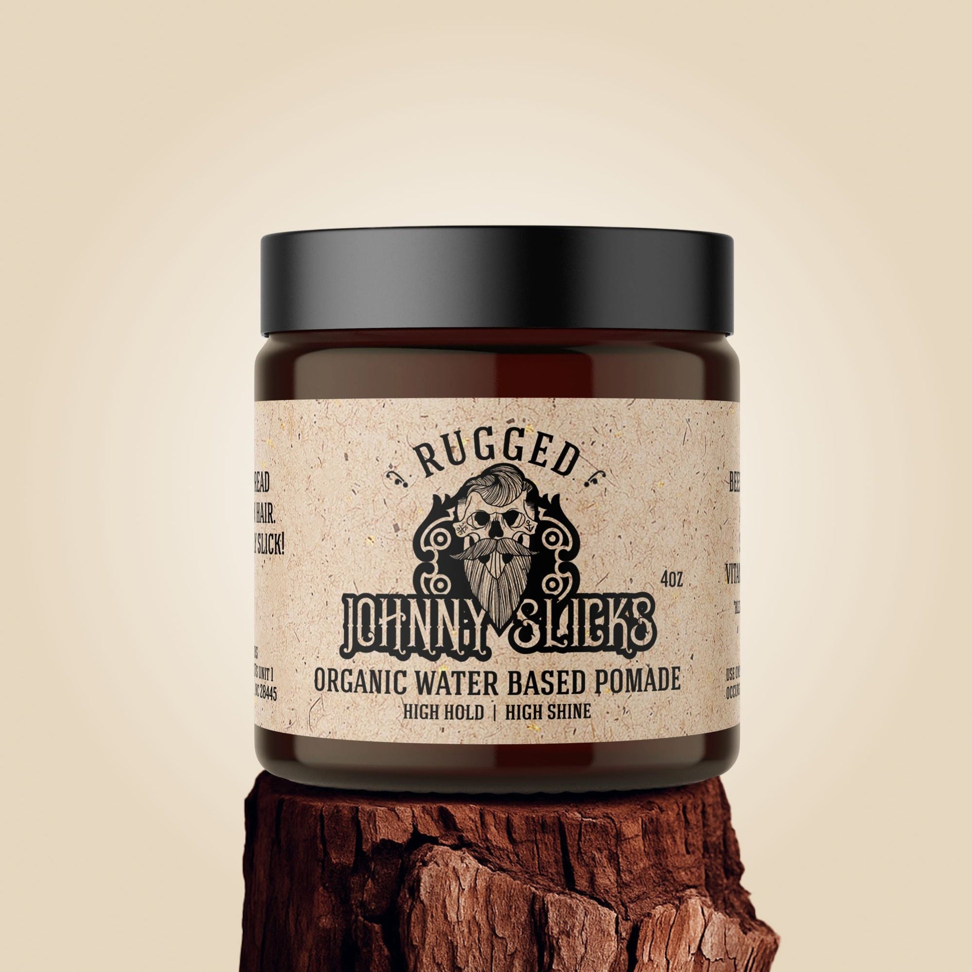 Rugged Organic water based pomade jar with black lid and tan label
