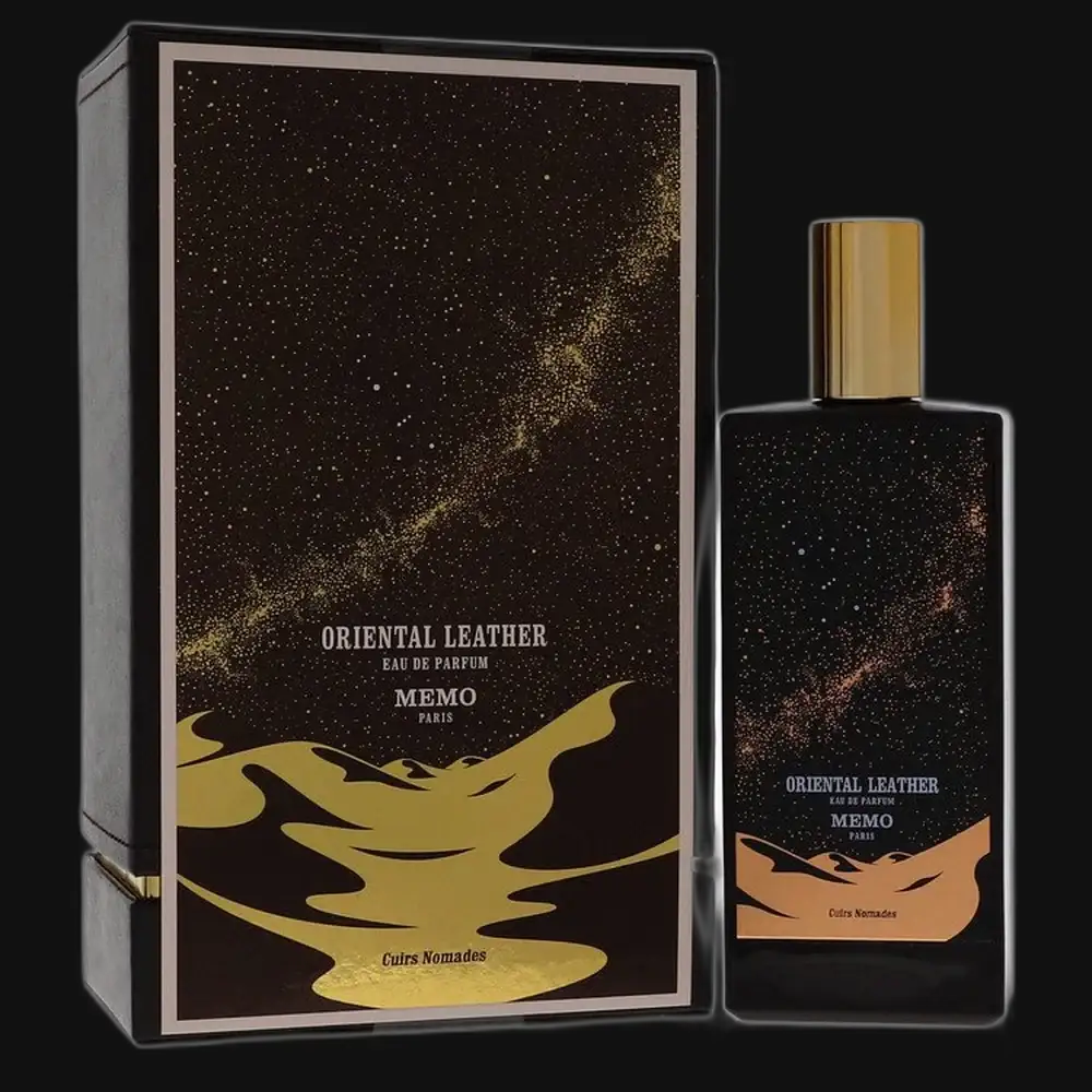 Unisex eau de parfum bottle and box set, black glass with gold cap; gold flame graphic