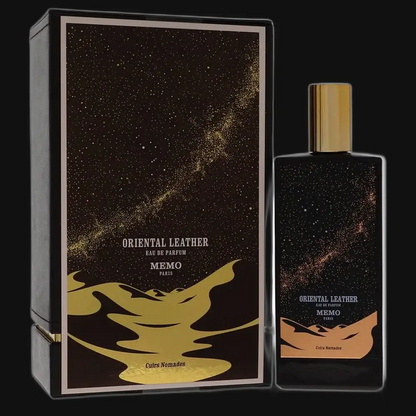 Unisex eau de parfum bottle and box set, black glass with gold cap; gold flame graphic