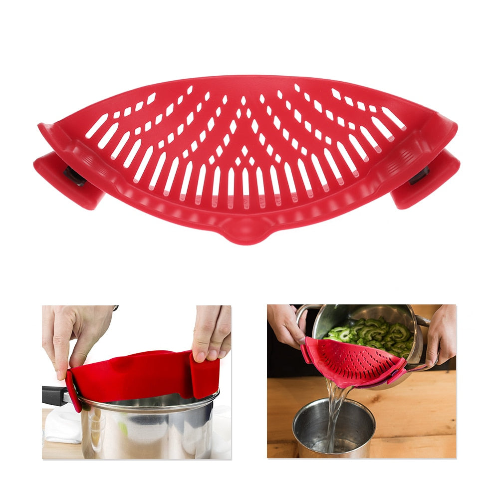 Red silicone snap-and-strain filter with perforated surface and side handles