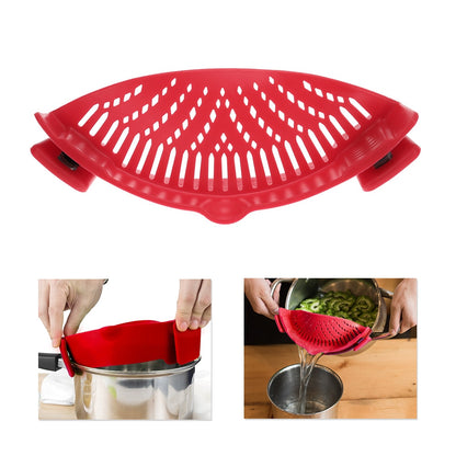 Red silicone snap-and-strain filter with perforated surface and side handles