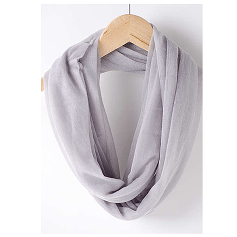 Infinity pashmina scarf in light gray, wrapped loop on wooden hanger