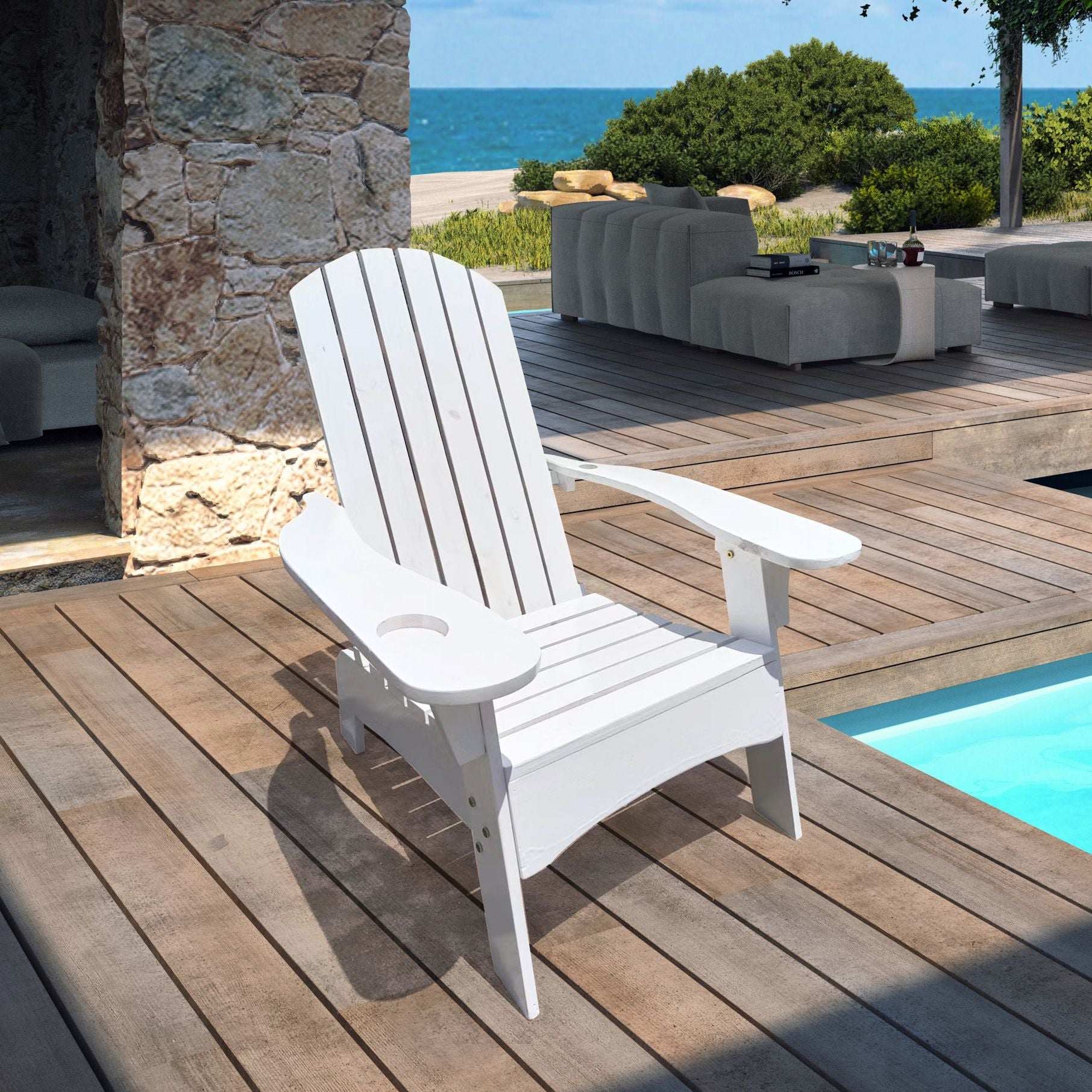 Outdoor or indoor Wood Adirondack chair with an hole to hold umbrella on the arm - Renee Lane Company