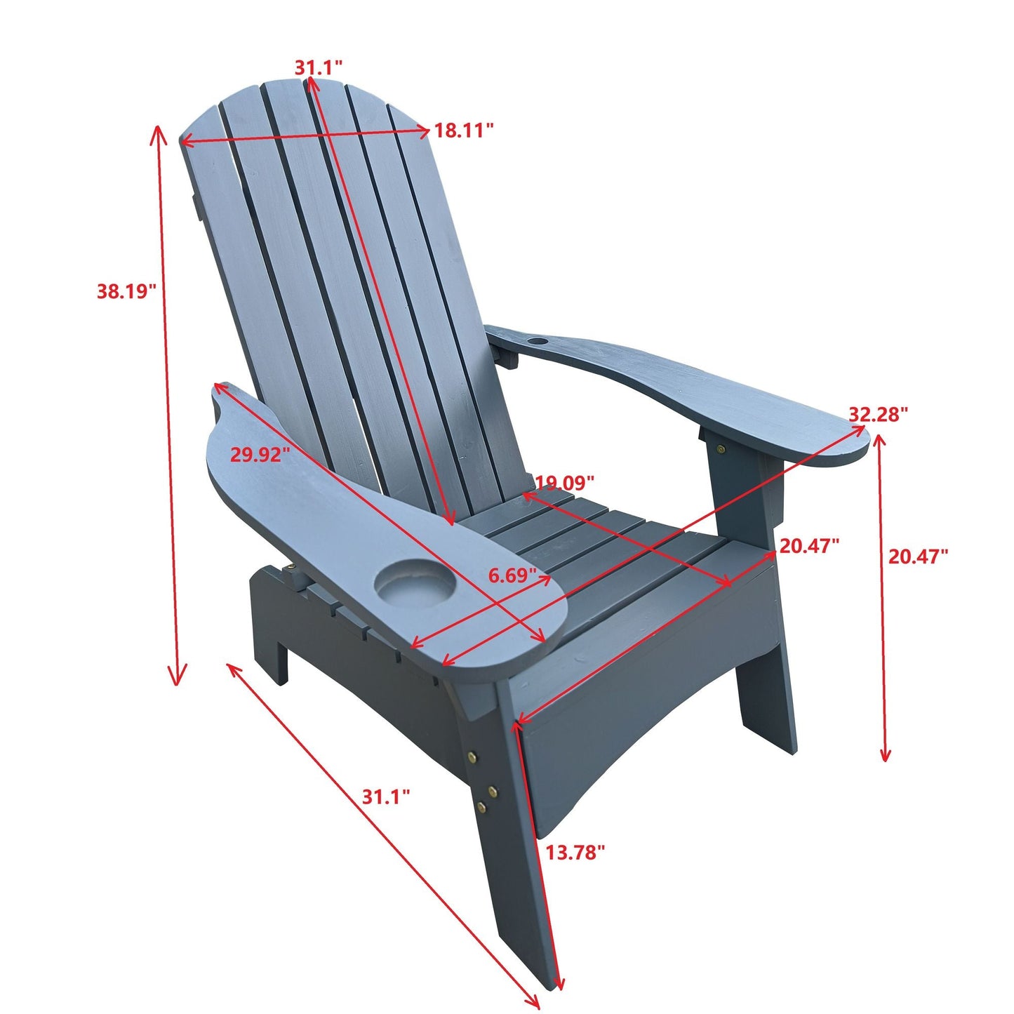 Outdoor or indoor Wood Adirondack chair with an hole to hold umbrella on the arm - Renee Lane Company