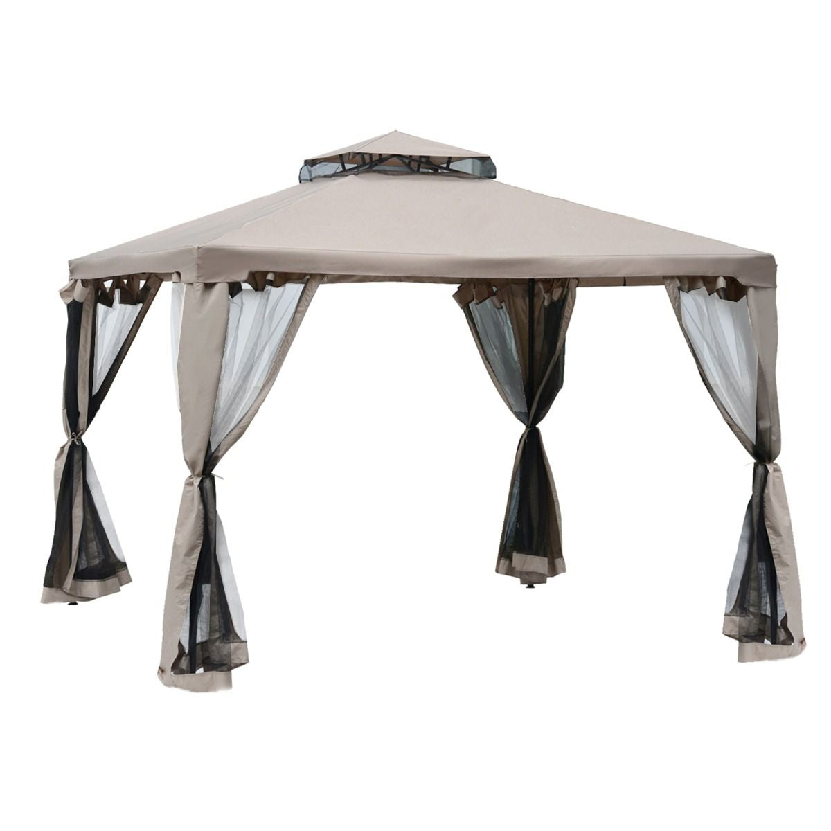 Outsunny 10' x 10' Gazebo Tent, Canopy with Mosquito Netting SideWalls, 2-Tier Vented Roof, Fabric for Garden, Lawn, Backyard, Taupe - Renee Lane Company