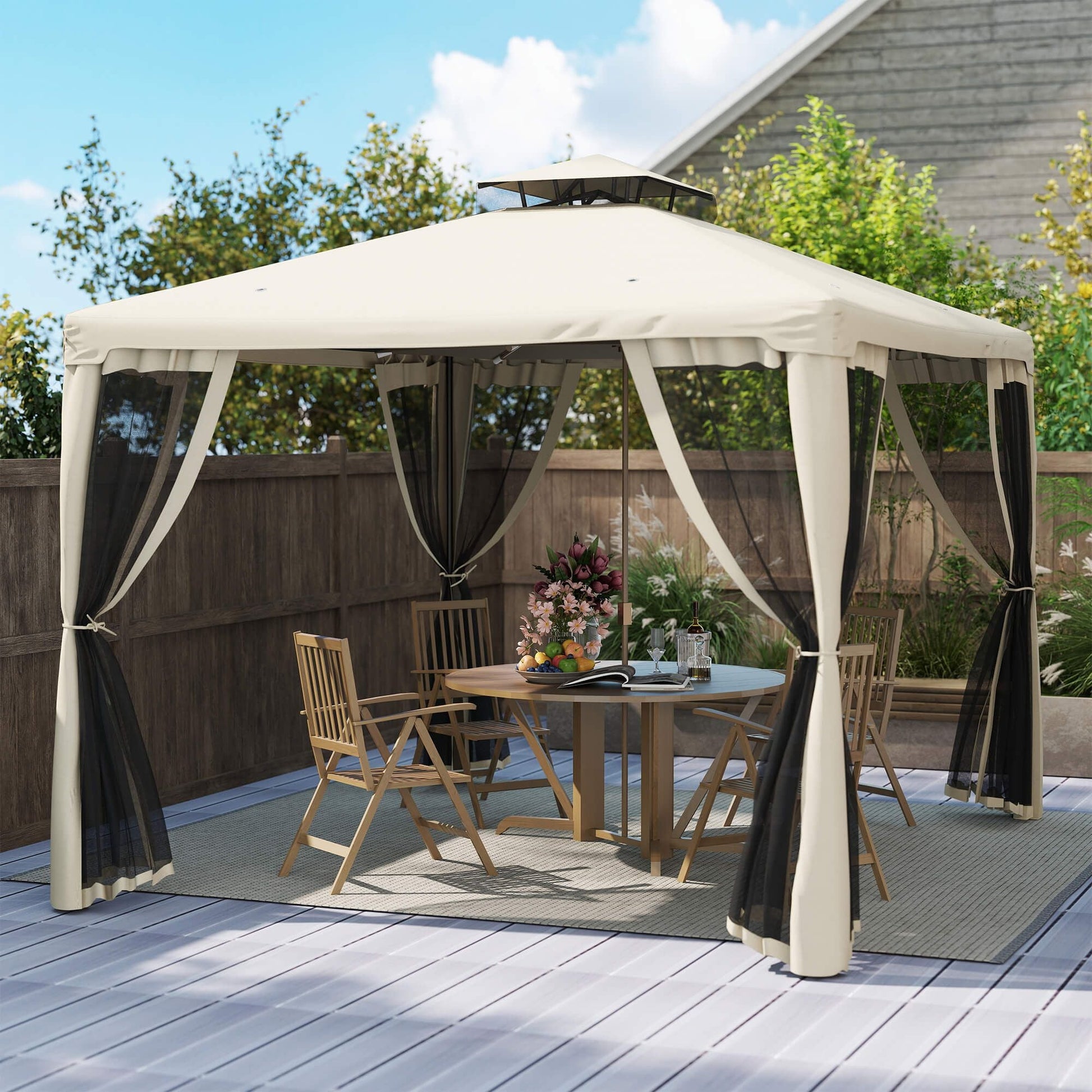 Outsunny 10' x 10' Gazebo Tent, Canopy with Mosquito Netting SideWalls, 2-Tier Vented Roof, Fabric for Garden, Lawn, Backyard, Taupe - Renee Lane Company