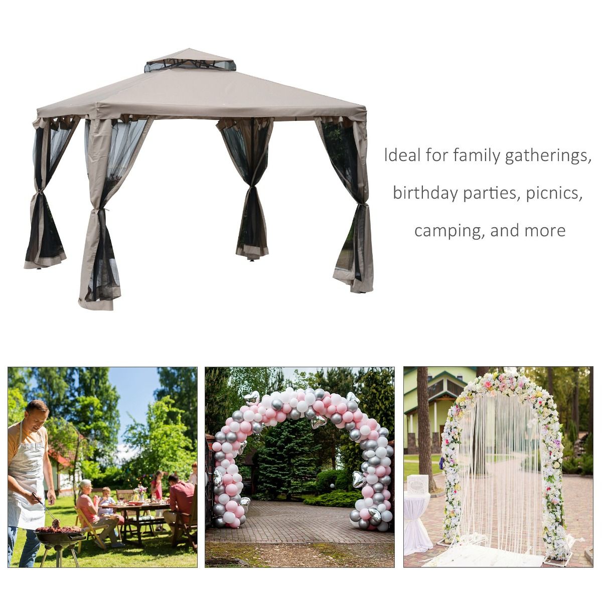 Outsunny 10' x 10' Gazebo Tent, Canopy with Mosquito Netting SideWalls, 2-Tier Vented Roof, Fabric for Garden, Lawn, Backyard, Taupe - Renee Lane Company