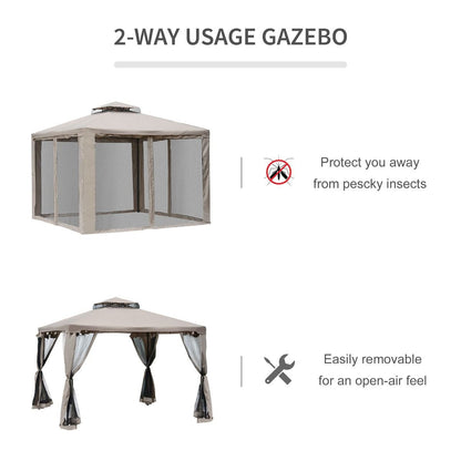 Outsunny 10' x 10' Gazebo Tent, Canopy with Mosquito Netting SideWalls, 2-Tier Vented Roof, Fabric for Garden, Lawn, Backyard, Taupe - Renee Lane Company