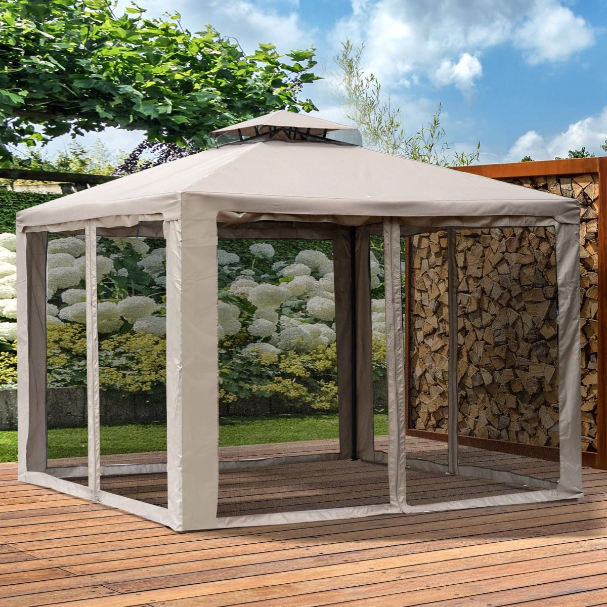 Outsunny 10' x 10' Gazebo Tent, Canopy with Mosquito Netting SideWalls, 2-Tier Vented Roof, Fabric for Garden, Lawn, Backyard, Taupe - Renee Lane Company