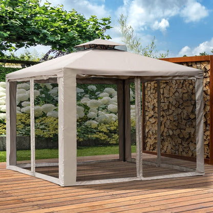 Outsunny 10' x 10' Gazebo Tent, Canopy with Mosquito Netting SideWalls, 2-Tier Vented Roof, Fabric for Garden, Lawn, Backyard, Taupe - Renee Lane Company