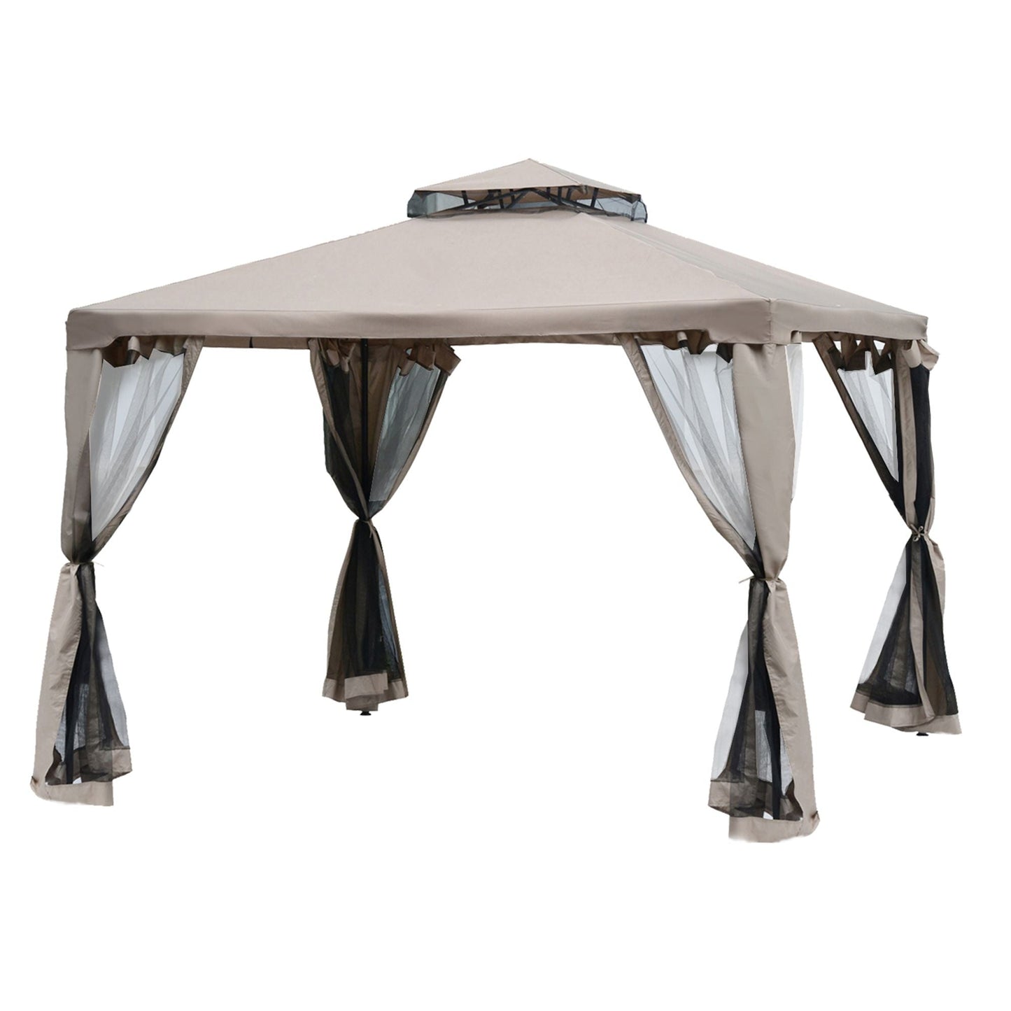 Outsunny 10' x 10' Gazebo Tent, Canopy with Mosquito Netting SideWalls, 2-Tier Vented Roof, Fabric for Garden, Lawn, Backyard, Taupe - Renee Lane Company