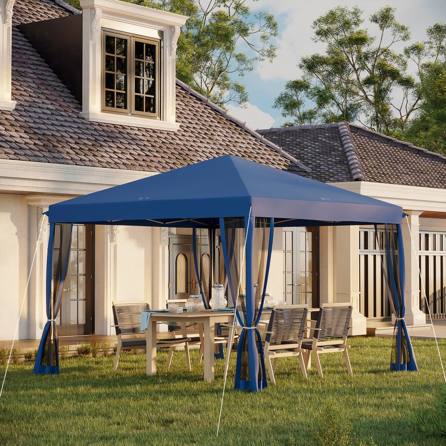 Outsunny 10' x 10' Pop Up Canopy Tent with Netting, Instant Gazebo, Screen House Room with Carry Bag, Height Adjustable, for Outdoor, Garden, Patio, Camping, Blue - Renee Lane Company