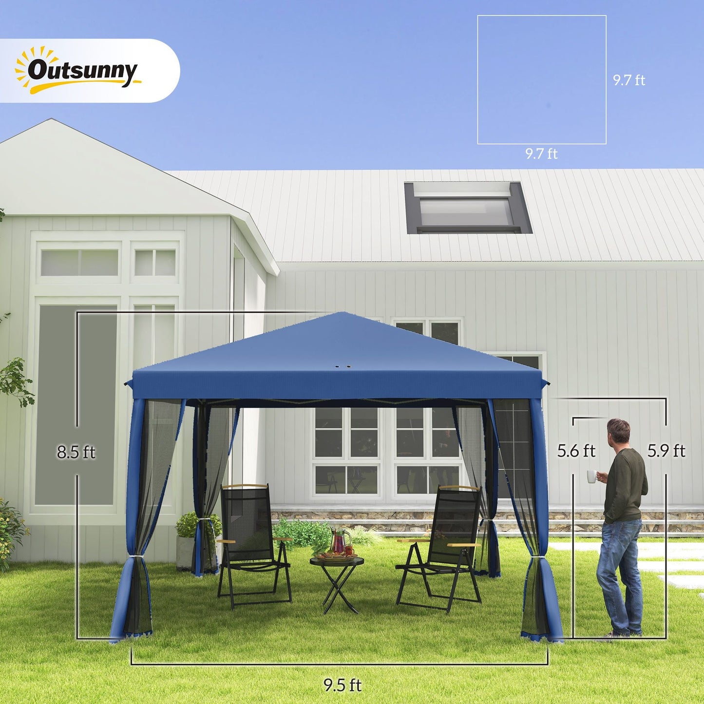 Outsunny 10' x 10' Pop Up Canopy Tent with Netting, Instant Gazebo, Screen House Room with Carry Bag, Height Adjustable, for Outdoor, Garden, Patio, Camping, Blue - Renee Lane Company