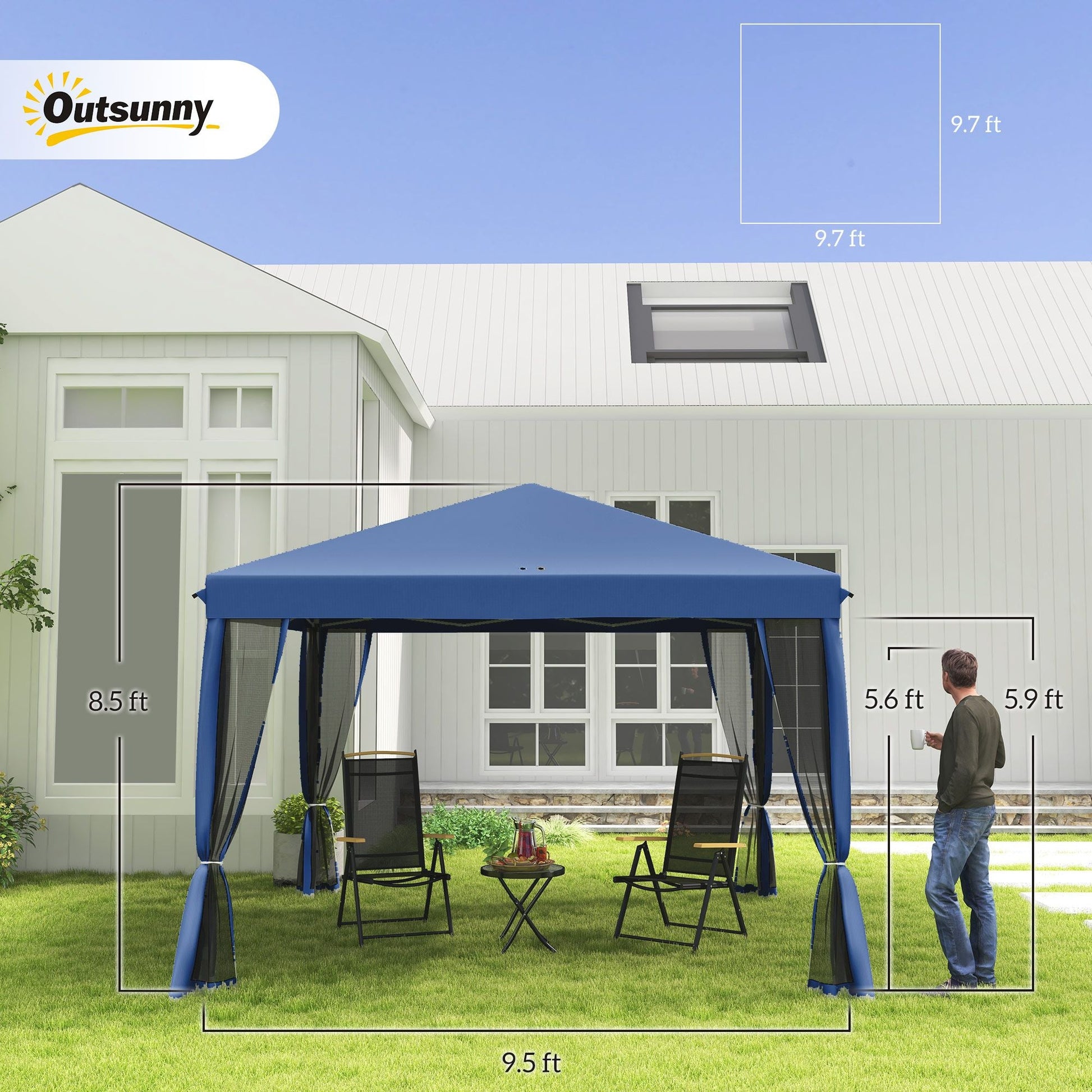 Outsunny 10' x 10' Pop Up Canopy Tent with Netting, Instant Gazebo, Screen House Room with Carry Bag, Height Adjustable, for Outdoor, Garden, Patio, Camping, Blue - Renee Lane Company