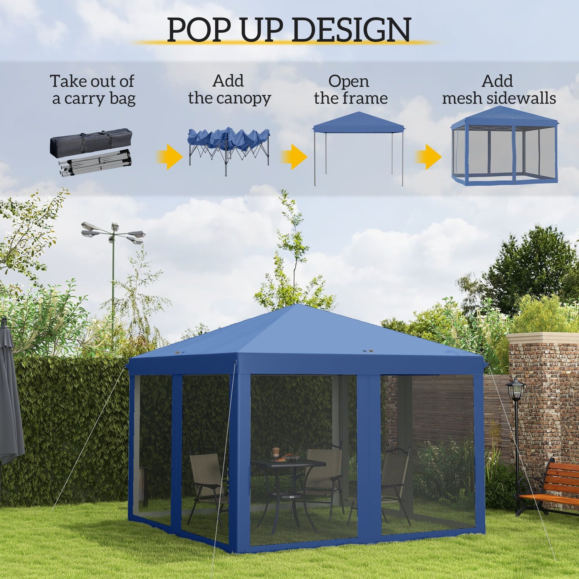 Outsunny 10' x 10' Pop Up Canopy Tent with Netting, Instant Gazebo, Screen House Room with Carry Bag, Height Adjustable, for Outdoor, Garden, Patio, Camping, Blue - Renee Lane Company