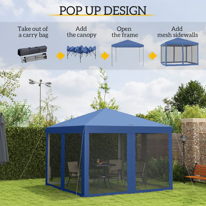 Outsunny 10' x 10' Pop Up Canopy Tent with Netting, Instant Gazebo, Screen House Room with Carry Bag, Height Adjustable, for Outdoor, Garden, Patio, Camping, Blue - Renee Lane Company