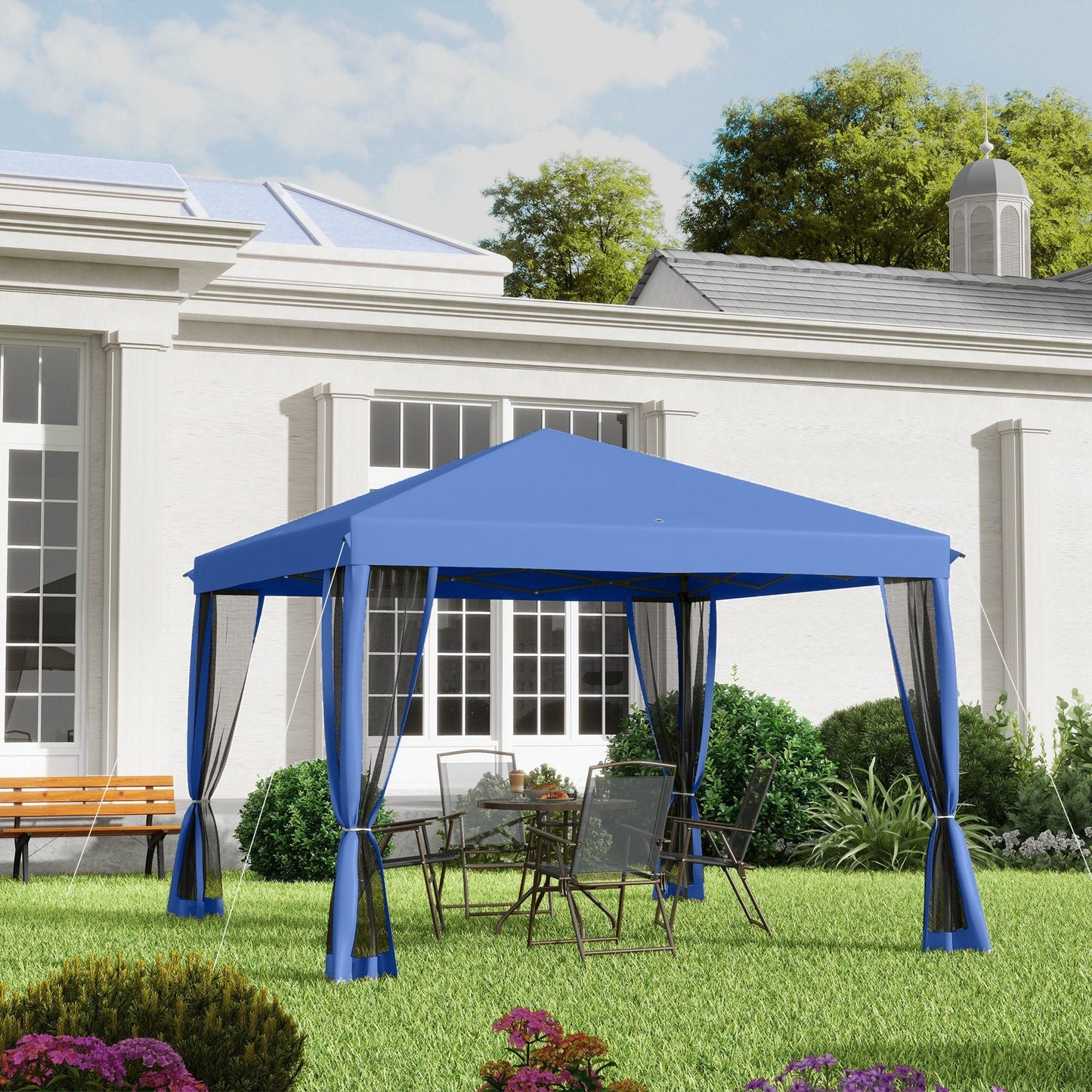 Outsunny 10' x 10' Pop Up Canopy Tent with Netting, Instant Gazebo, Screen House Room with Carry Bag, Height Adjustable, for Outdoor, Garden, Patio, Camping, Blue - Renee Lane Company