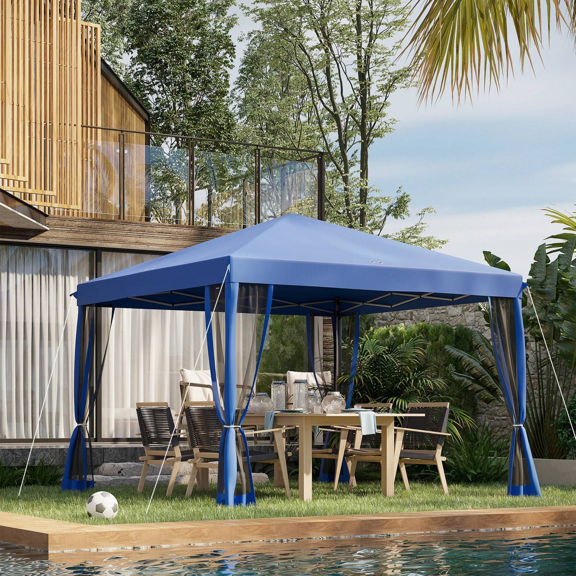 Outsunny 10' x 10' Pop Up Canopy Tent with Netting, Instant Gazebo, Screen House Room with Carry Bag, Height Adjustable, for Outdoor, Garden, Patio, Camping, Blue - Renee Lane Company