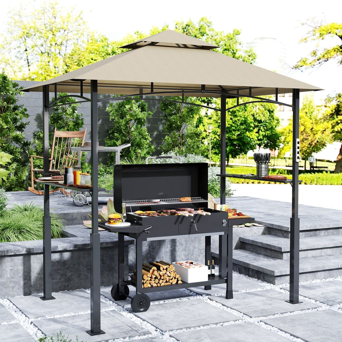 Outsunny 8' x 5' Outdoor Grill Gazebo, Barbecue Gazebo Shelter with LED Light, 2 Side Shelves, Hooks, Bottle Opener, Khaki - Renee Lane Company