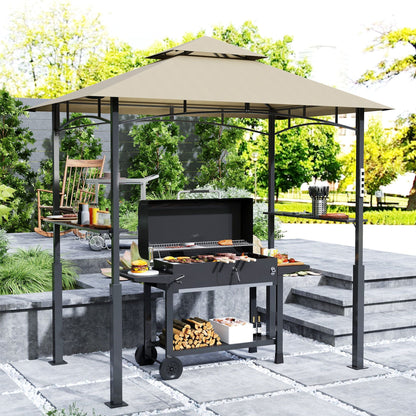 Outsunny 8' x 5' Outdoor Grill Gazebo, Barbecue Gazebo Shelter with LED Light, 2 Side Shelves, Hooks, Bottle Opener, Khaki - Renee Lane Company