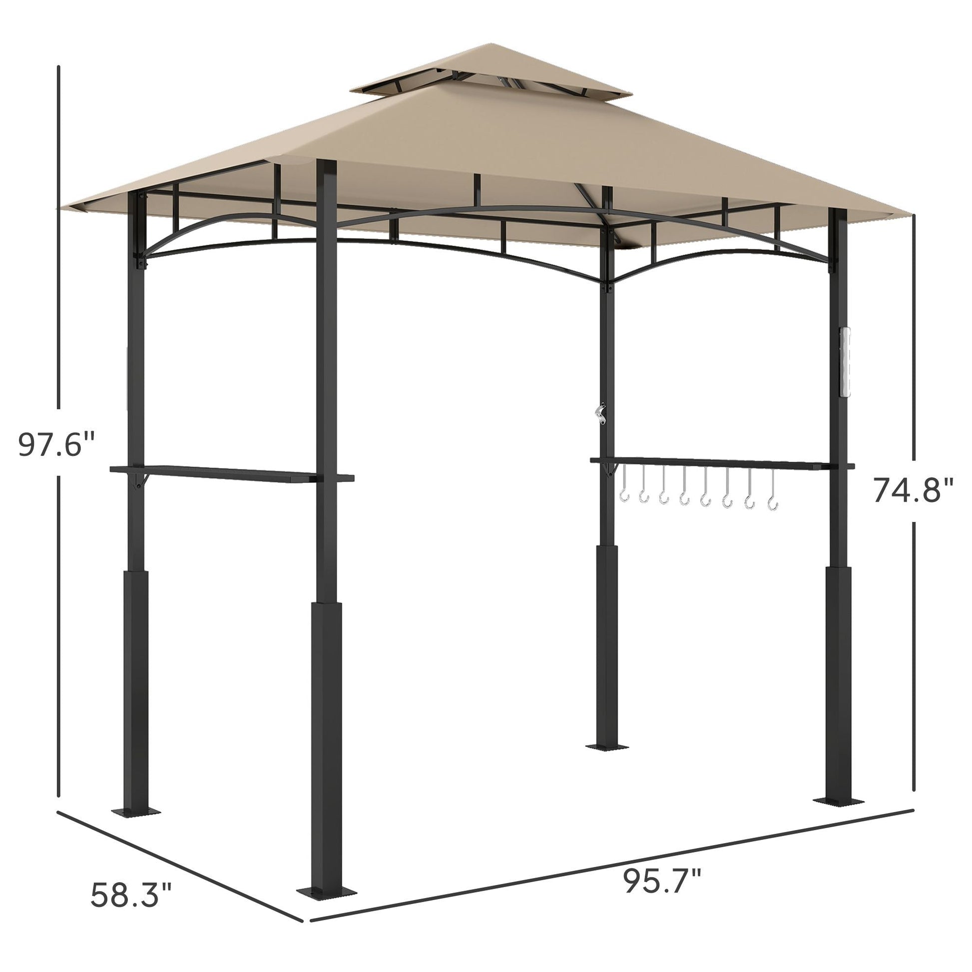Outsunny 8' x 5' Outdoor Grill Gazebo, Barbecue Gazebo Shelter with LED Light, 2 Side Shelves, Hooks, Bottle Opener, Khaki - Renee Lane Company