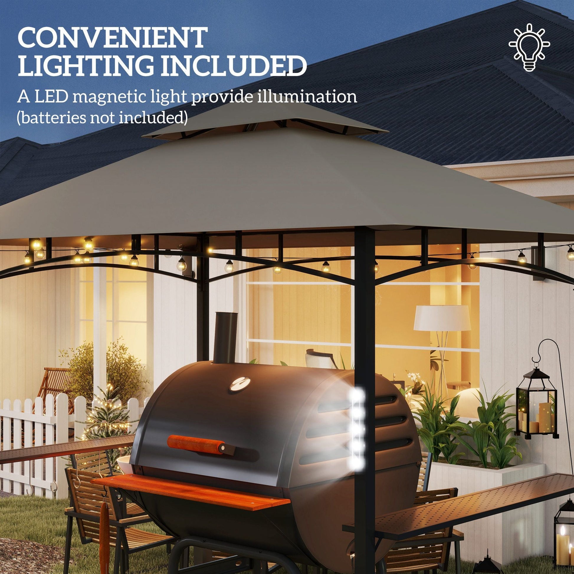 Outsunny 8' x 5' Outdoor Grill Gazebo, Barbecue Gazebo Shelter with LED Light, 2 Side Shelves, Hooks, Bottle Opener, Khaki - Renee Lane Company