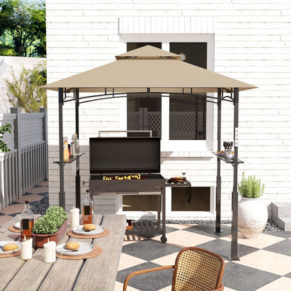 Outsunny 8' x 5' Outdoor Grill Gazebo, Barbecue Gazebo Shelter with LED Light, 2 Side Shelves, Hooks, Bottle Opener, Khaki - Renee Lane Company