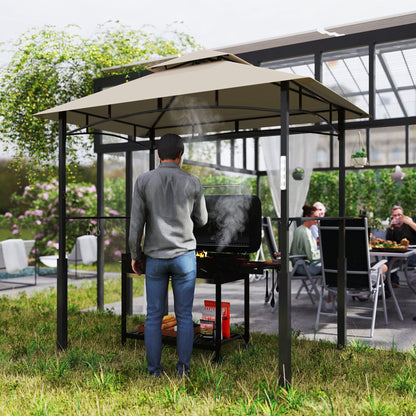 Outsunny 8' x 5' Outdoor Grill Gazebo, Barbecue Gazebo Shelter with LED Light, 2 Side Shelves, Hooks, Bottle Opener, Khaki - Renee Lane Company