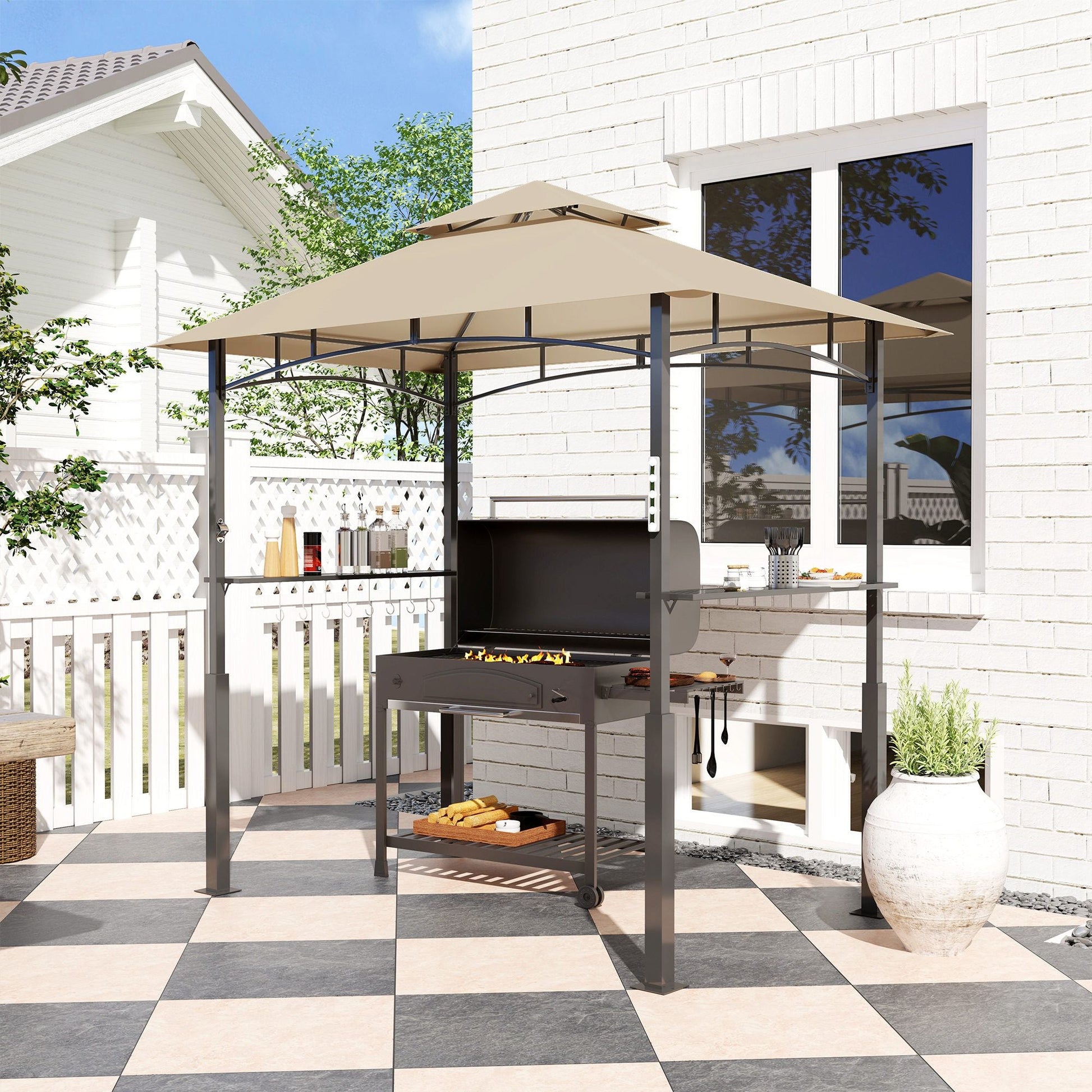 Outsunny 8' x 5' Outdoor Grill Gazebo, Barbecue Gazebo Shelter with LED Light, 2 Side Shelves, Hooks, Bottle Opener, Khaki - Renee Lane Company