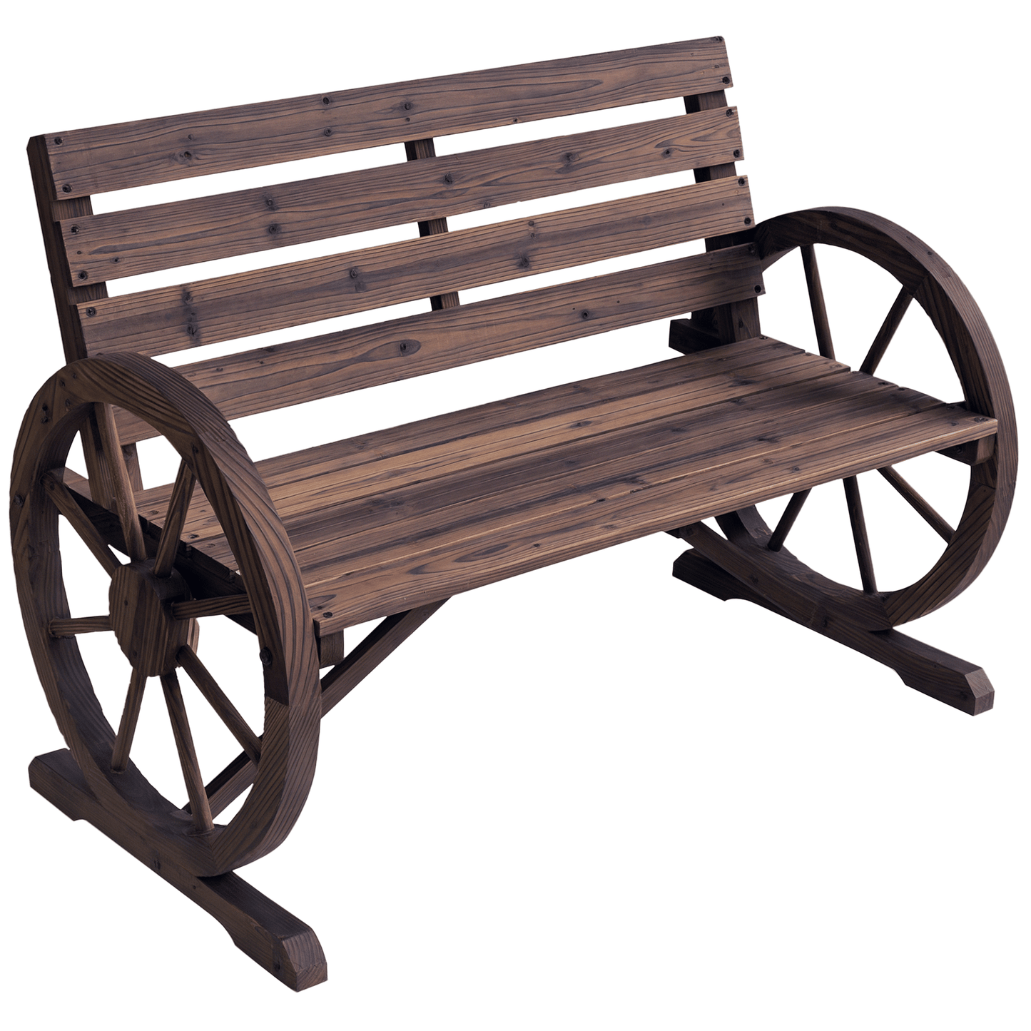 Outsunny Wagon Wheel Bench Rustic 2-Person Outdoor Patio Carbonized Finish with Backrest - Renee Lane Company