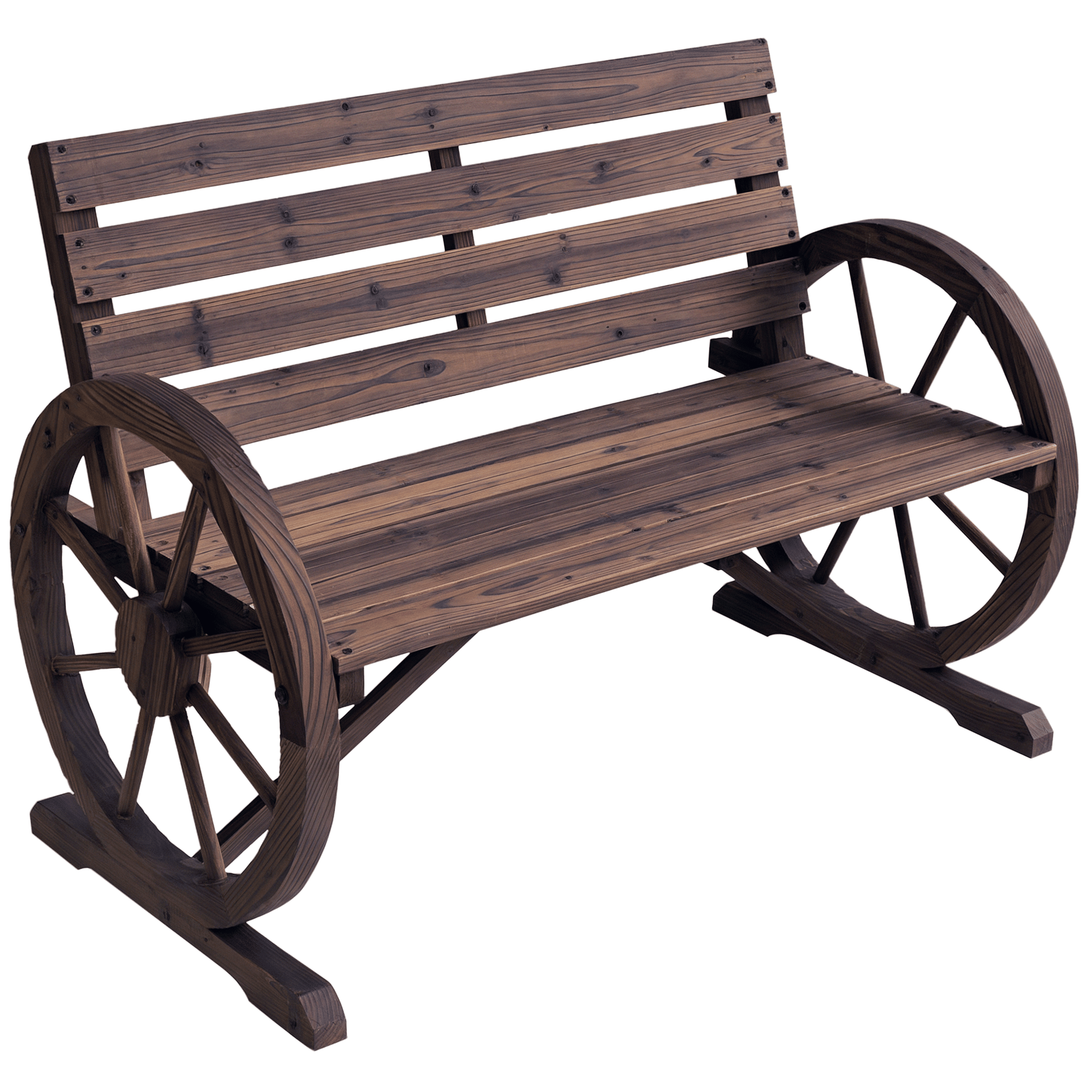 Outsunny Wagon Wheel Bench Rustic 2-Person Outdoor Patio Carbonized Finish with Backrest - Renee Lane Company