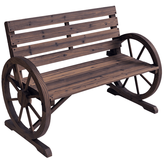 Outsunny Wagon Wheel Bench Rustic 2-Person Outdoor Patio Carbonized Finish with Backrest - Renee Lane Company