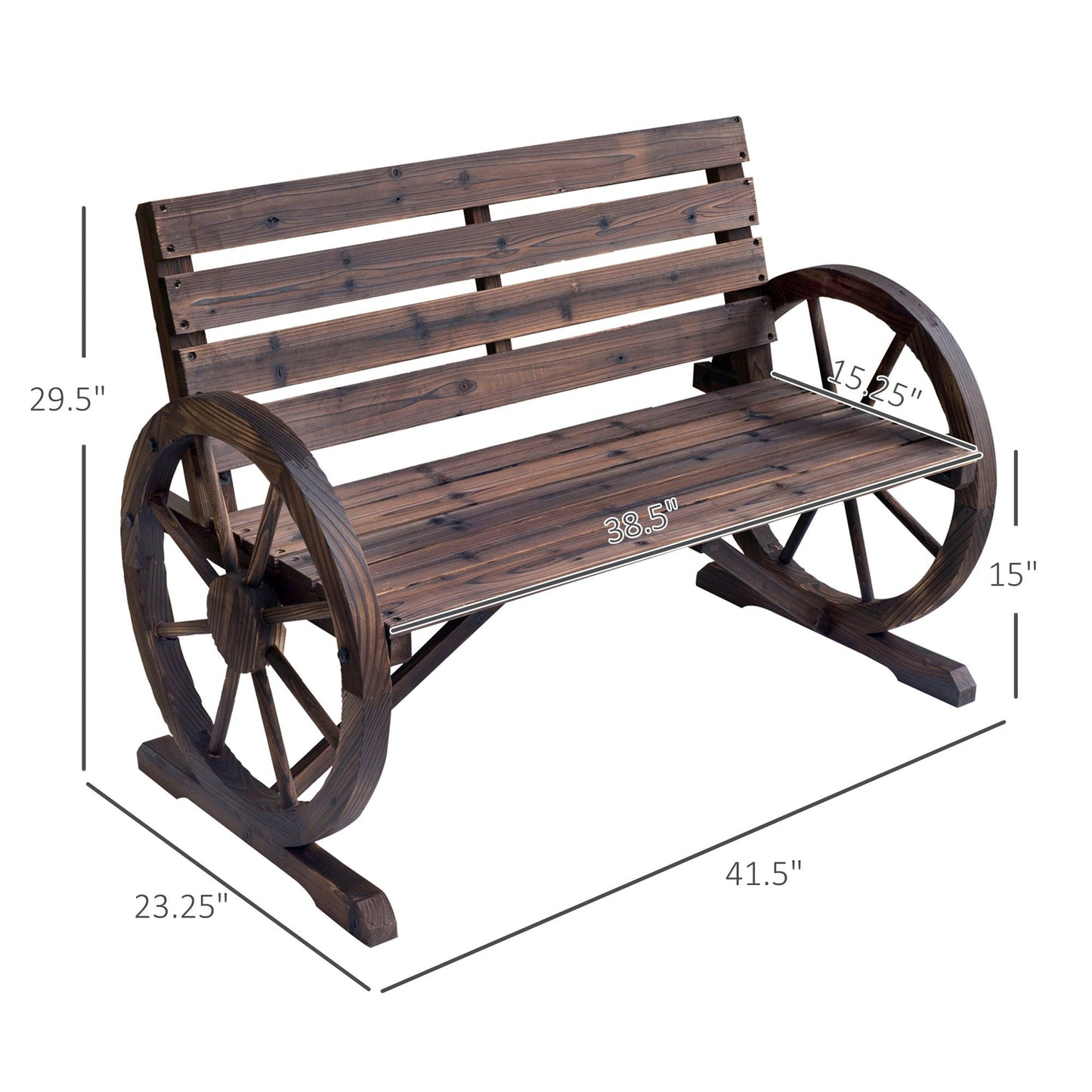 Outsunny Wagon Wheel Bench Rustic 2-Person Outdoor Patio Carbonized Finish with Backrest - Renee Lane Company