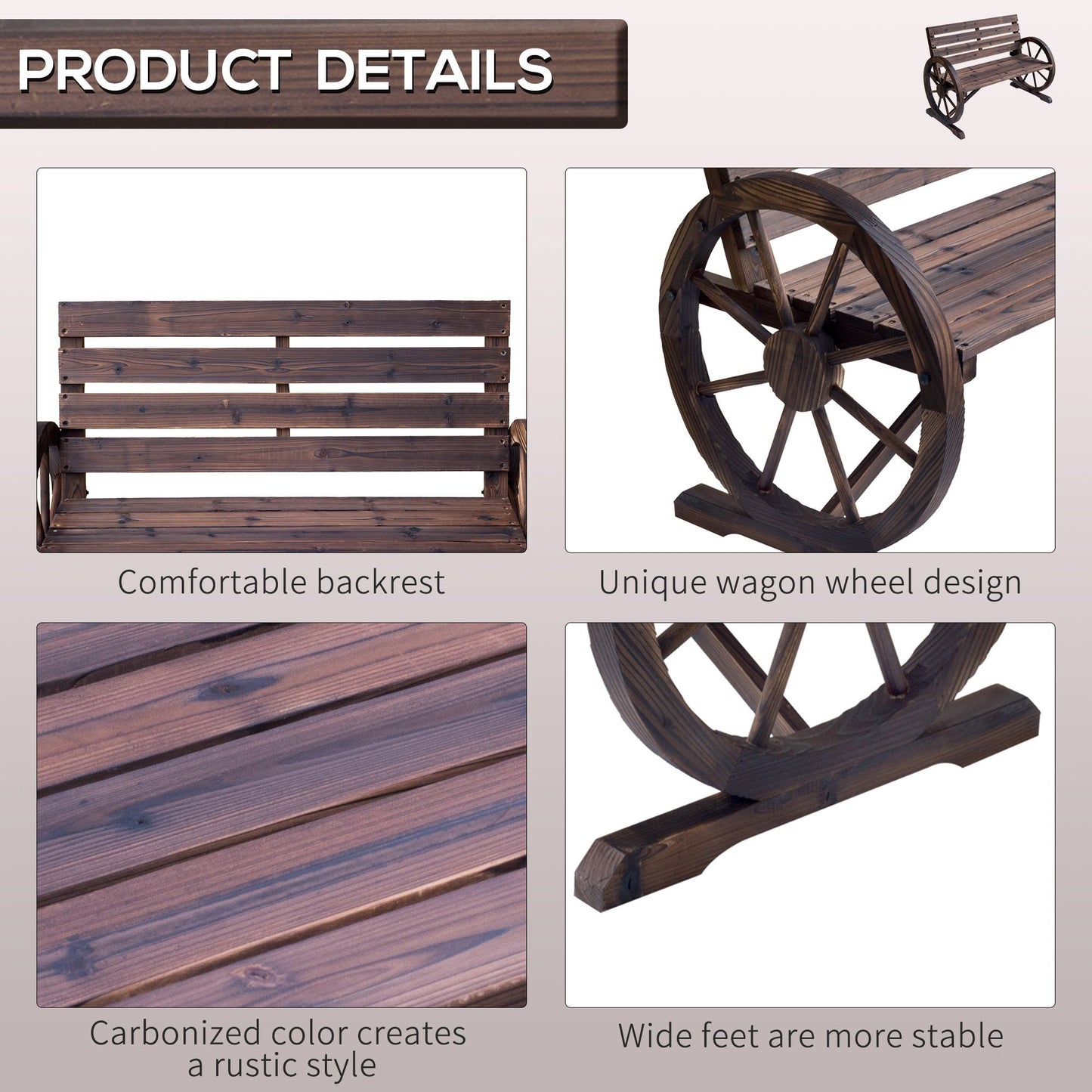 Outsunny Wagon Wheel Bench Rustic 2-Person Outdoor Patio Carbonized Finish with Backrest - Renee Lane Company