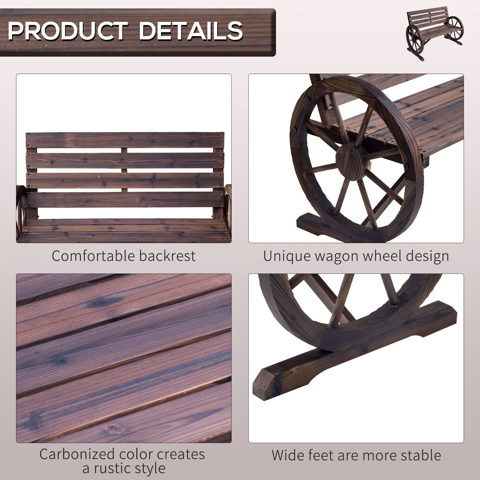 Outsunny Wagon Wheel Bench Rustic 2-Person Outdoor Patio Carbonized Finish with Backrest - Renee Lane Company