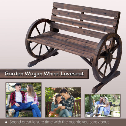 Outsunny Wagon Wheel Bench Rustic 2-Person Outdoor Patio Carbonized Finish with Backrest - Renee Lane Company
