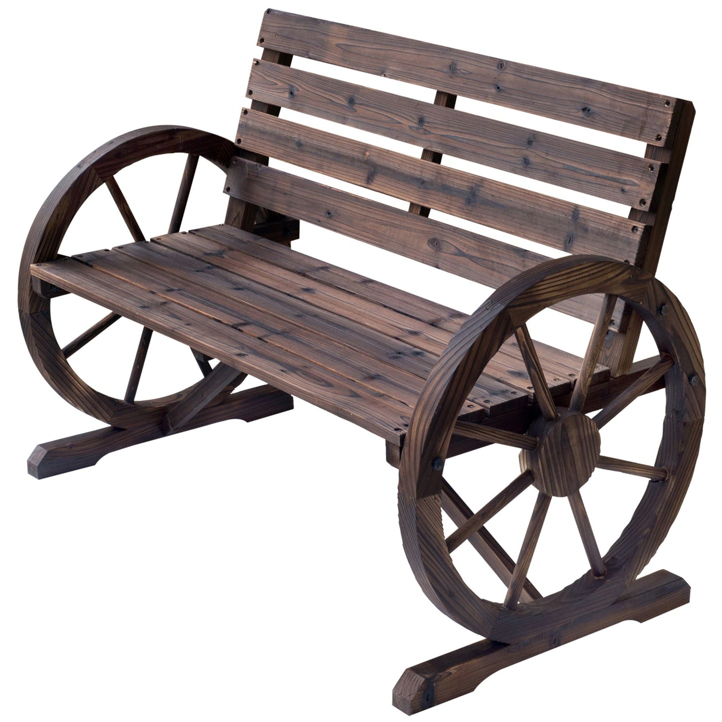 Outsunny Wagon Wheel Bench Rustic 2-Person Outdoor Patio Carbonized Finish with Backrest - Renee Lane Company