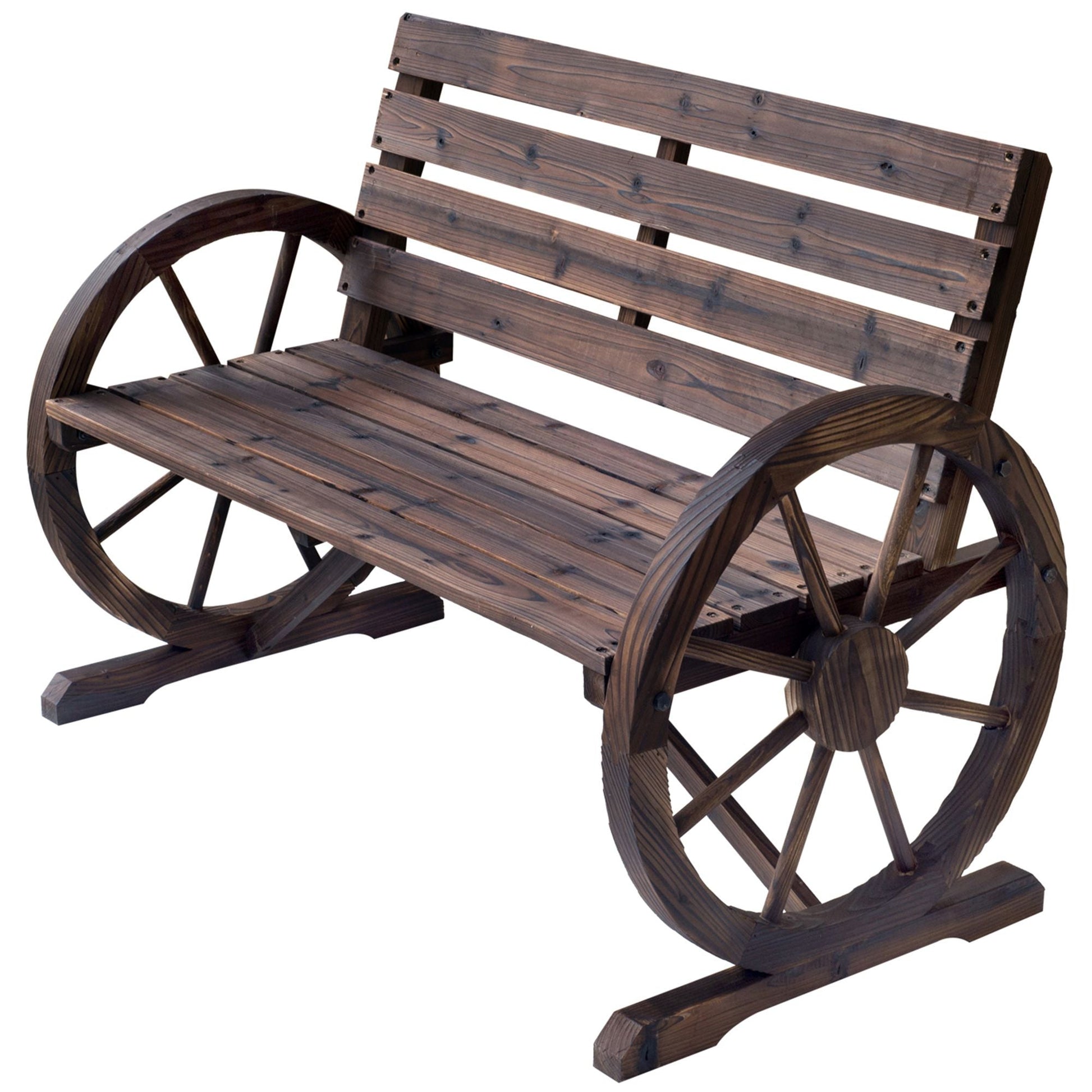 Outsunny Wagon Wheel Bench Rustic 2-Person Outdoor Patio Carbonized Finish with Backrest - Renee Lane Company