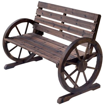 Outsunny Wagon Wheel Bench Rustic 2-Person Outdoor Patio Carbonized Finish with Backrest - Renee Lane Company