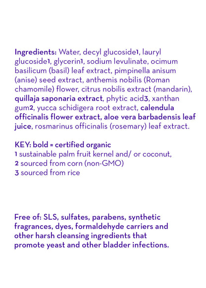 Bubble bath ingredient label with key and free-of sections