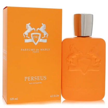 Perseus Eau de Parfum cologne for men: orange bottle with silver cap and matching box.